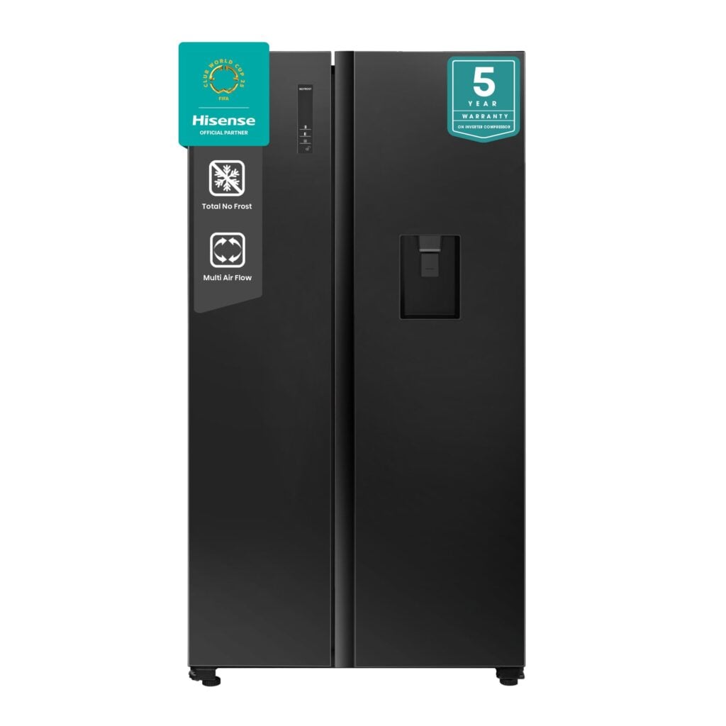 Hisense 750 Litre Side By Side Refrigerator with Dispenser RC-75W Refrigerator, Auto Defrost, Inverter Compressor - Glass Black (3YRs WRTY)