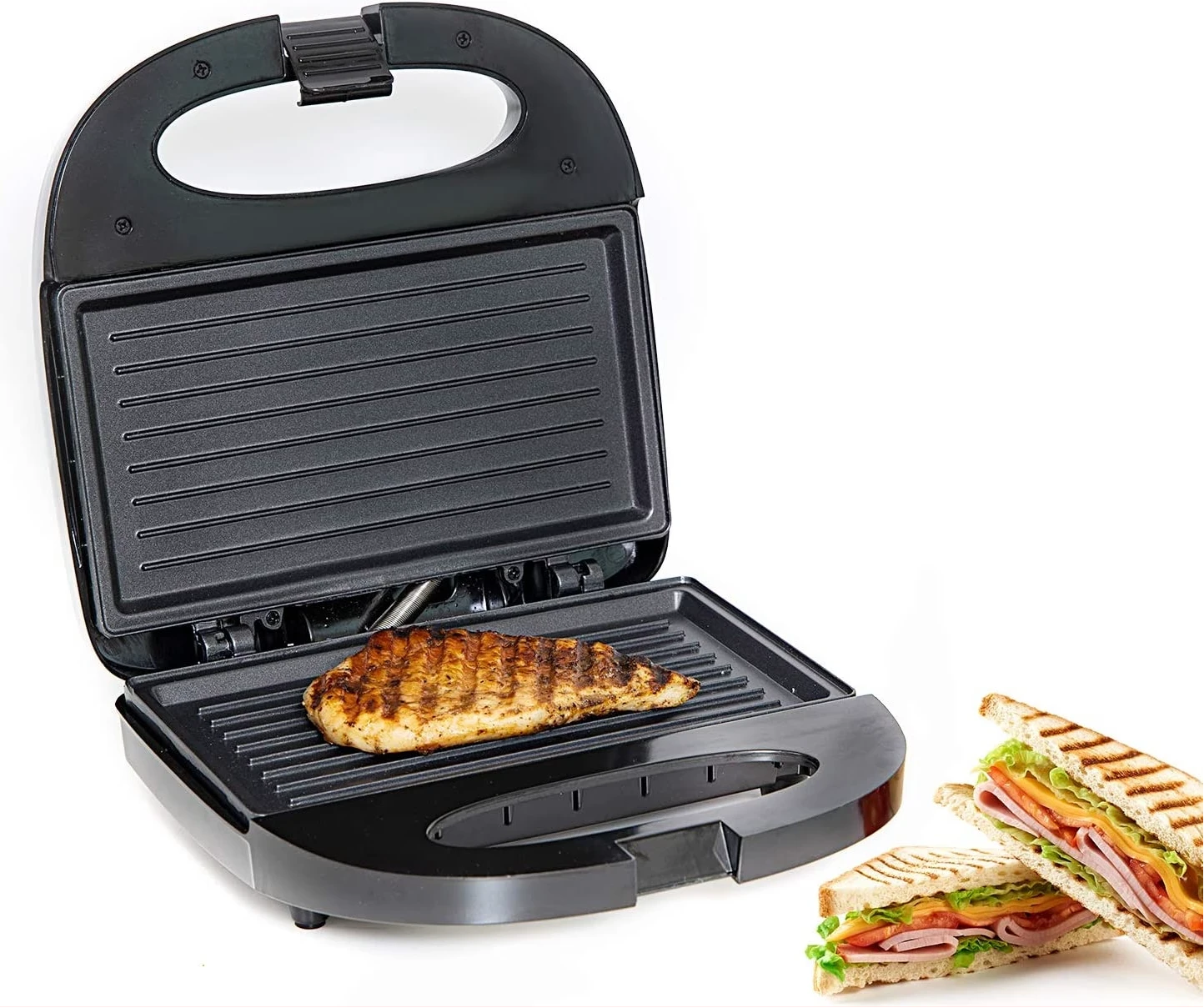 Geepas Portable Powerful 2 Slice Grill Maker with Non-Stick Coated Plates With Safety Locks,Cool Touch Handle & Skid- Resistant Feet, Power On & Ready Light Indicators 750 W GGM6001 Black