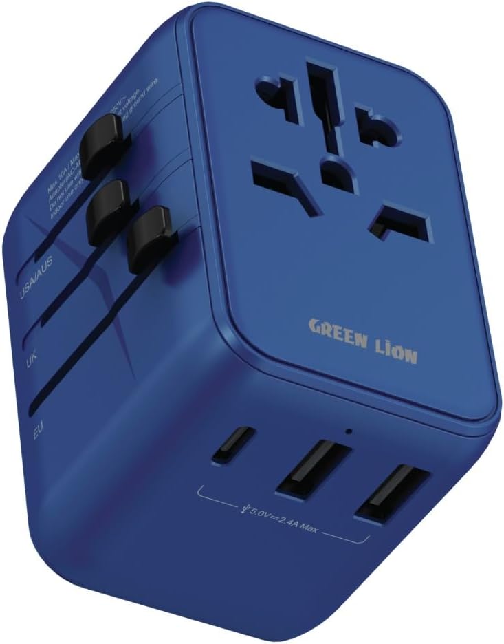 GREEN LION 12W Universal Travel Adapter / UK/US/AU/EU Pin / 2500W Max / Type-C Port / Dual USB-A / Multi Ports / Travel Friendly / Super Compact / Innovative Design / Overheat & Short Circuit Protecti