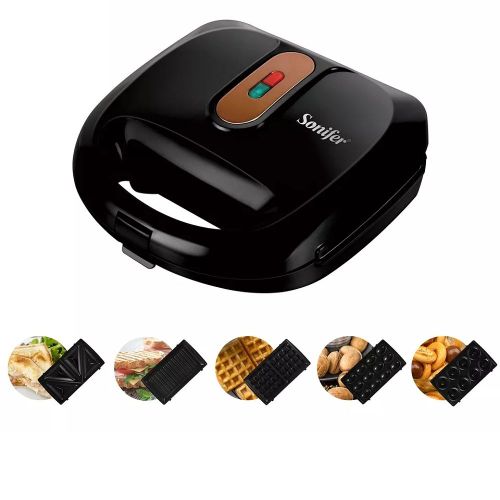 Sonifer 5 in1 Waffle Donut Sandwich Maker Pan Iron Removable Plates Donut- Black