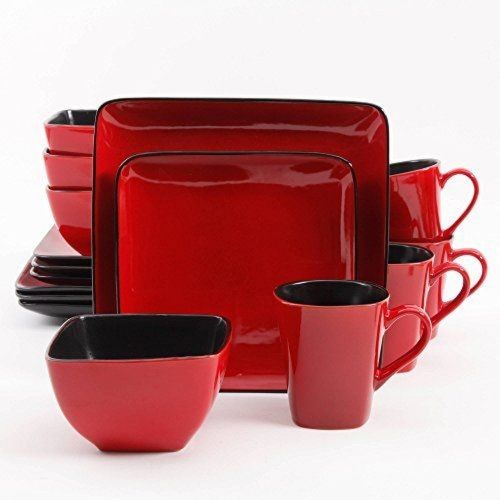 24 Piece Square Plates, Cups, Bowls Dinner Set - Red