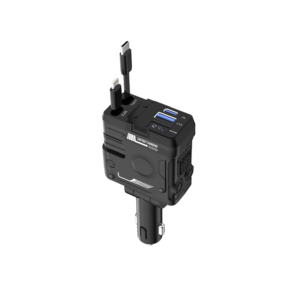Porodo 66W Car Charger with Lightning & Type -C Integrated 80m Wires / Voltage Monitor / Universal Compatibility / Simultaneous Charging - Black
