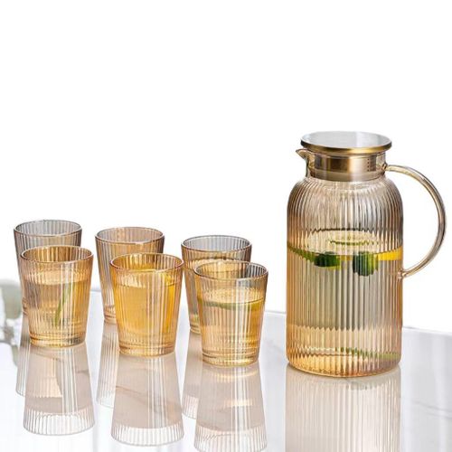 Set of 7 piece 1 Borosilicate Juice Jug Beverage Water Carafe Kettle With Lid Glass Iced Tea Pot Set With 6 Drinking Glasses Cups Heat-Resistant Glass Bottle Water Pitcher