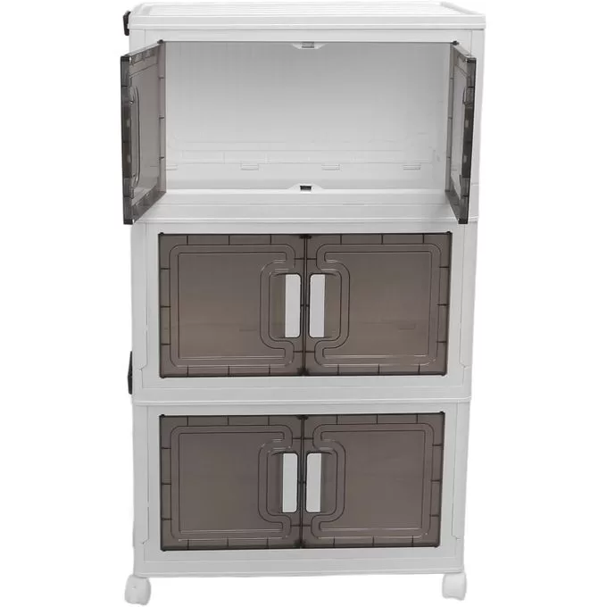 3 Tier Collapsible Plastic Stackable Storage Bins with Lids, Wardrobe Closet Organizer, Stackable Storage Bins, Foldable Plastic Storage Container Cabinet with Comfortable Handle PP PET 4 Wheels With 