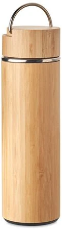 Double Wall Stainless Steel Bamboo Insulating Vacuum Flask With Additional Tea Infuser, 480ml- Brown.