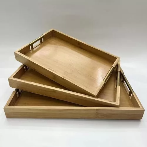3 Piece Portable Rectangular Fruit Bamboo Serving Tray With Metal Handles Decorative Pastry Snack Platter Wooden Butler Tray Dessert Salad Plates Bread Display For Organizing Bar Breakfast Parties Cof