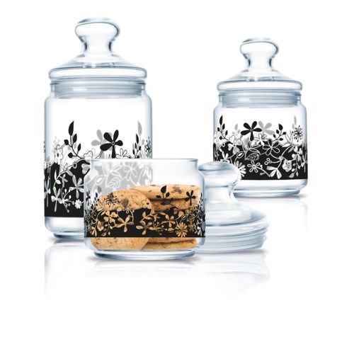 Luminarc 3 Piece Eden Black Sugar Bowl, Food Storage Jar Container Set, Colourless