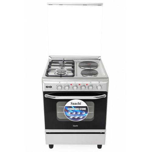 Saachi Cooker 2 Gas Burners + 2 Electric Plates 60x60cm NL-6366HPE, Electric Oven & Grill, Rotisserie, Cast Iron Pan Supports - Silver
