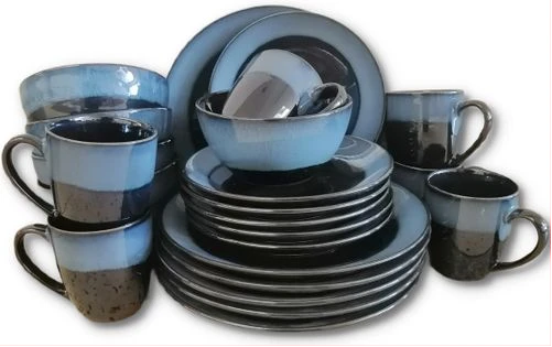 16 Piece Blue Rim Plates, Cups, Bowls Dinner Set - Black