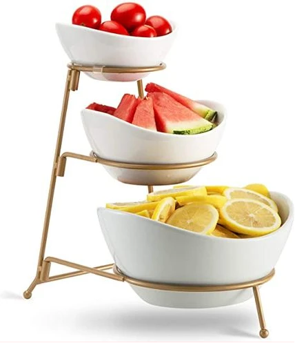 3 Tier Serving Bowls, Dishes With Gold Stand, Appetizers Party Server Set, White