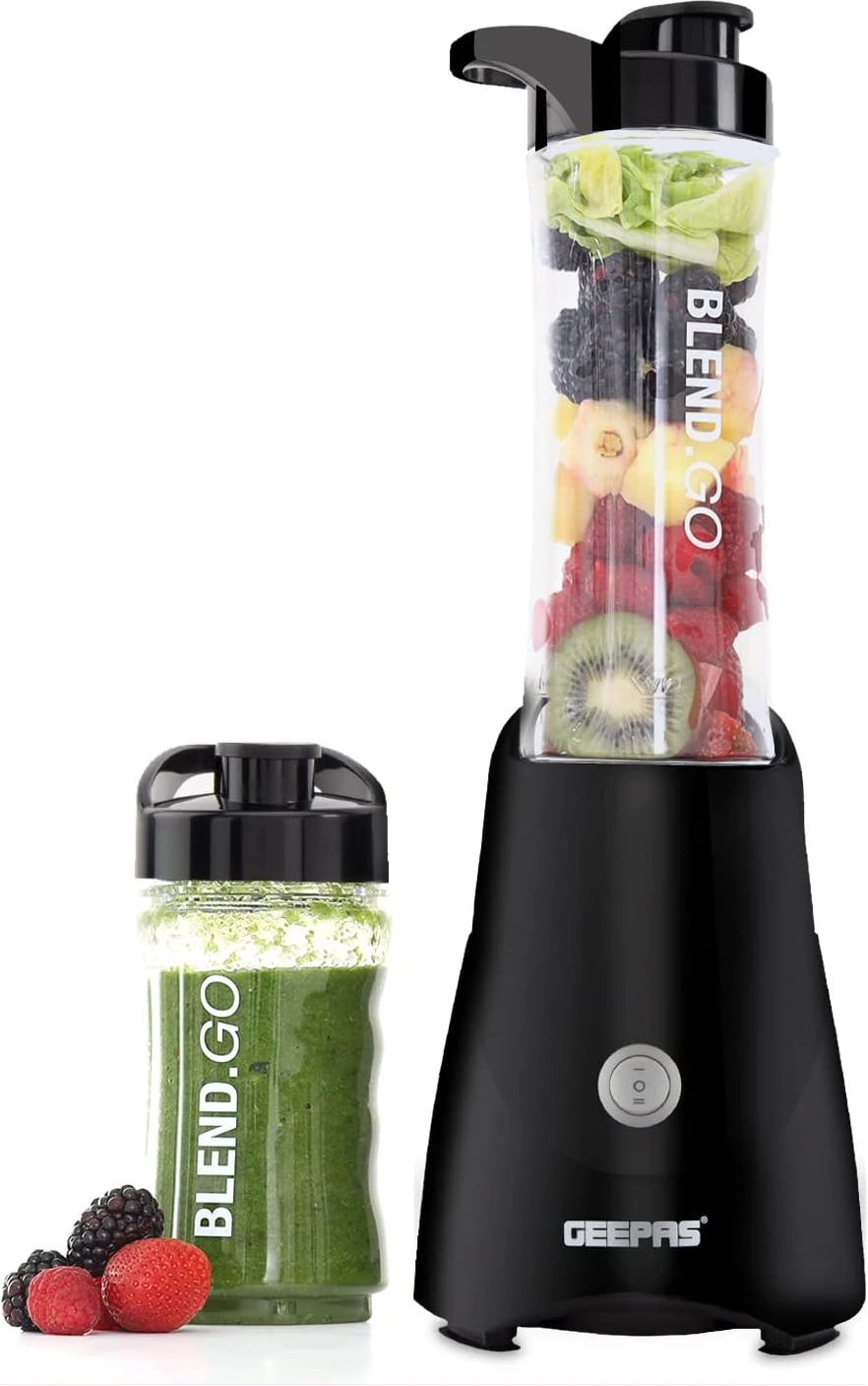 Geepas Sports Smoothie Protein Milkshake Maker Blender, Stainless Steel Blades On/Off Control Personal Blender, 300 W, Black/Clear, GSB44075