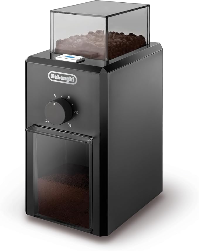 De'Longhi Electric Coffee Grinder KG79, 110W, Burr Grinding System, 12 Settings, Stainless Steel Blade, 12 Cup Capacity, 120g Bean Container, Removable Transparent Lid – Black