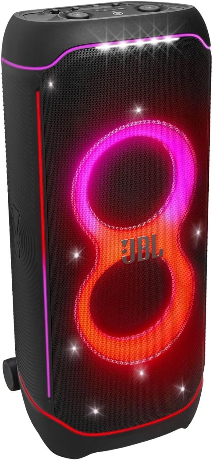 JBL Partybox Ultimate - Multi Purpose Party Speaker, 1100W, with Wi-fi & Bluetooth Connectivity, Wireless, Lightshow, IPx4 Slashproof, Dual Mic & Guitar Inputs, Handle & Sturdy Wheels, Black