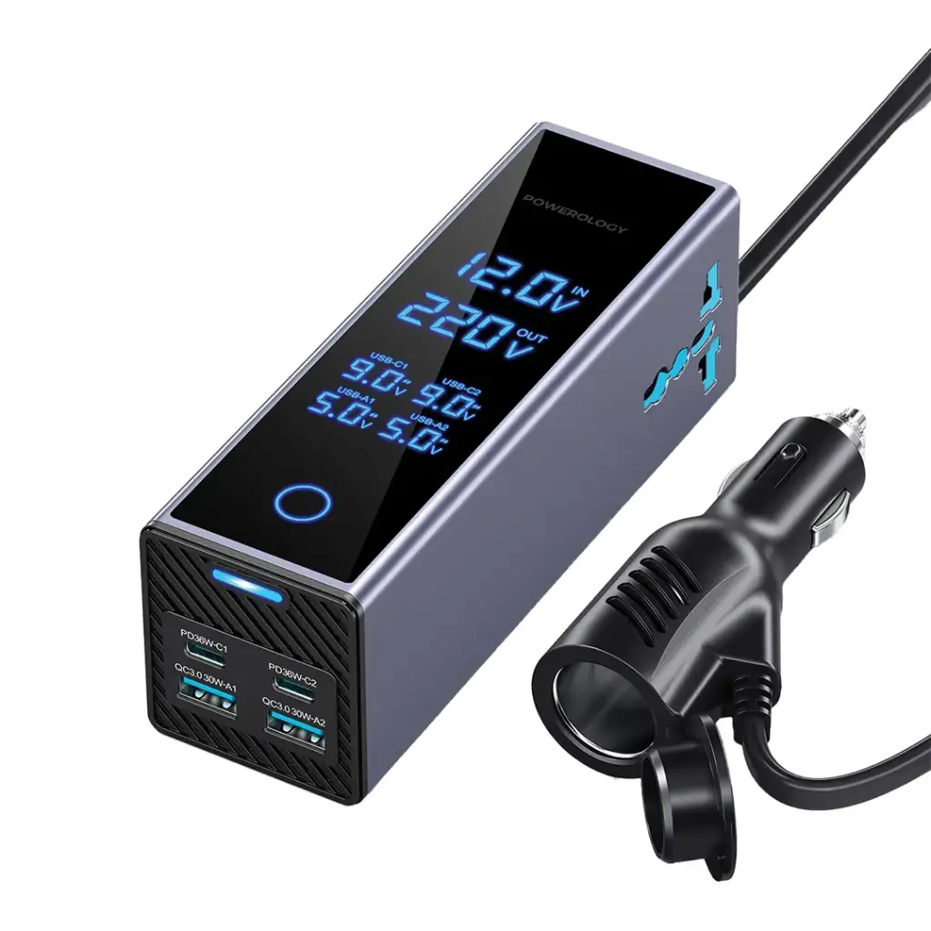 Powerology 2AC Universal 300W Socket Car Power Inverter PD 36W - Gray
