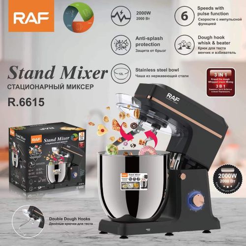 RAF 12 Litres Kitchen Electric Stand Mixer Tilt-Head Food Mixers Stainless Steel with Dough Hook Flat Beater Wire Whisk Splash Guard for Baking Electric Kitchen Mixers 2000W- Black
