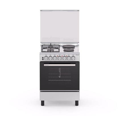 Hisense Cooker 2 Gas Burners, 2 Electric Plates 60x60cm HF622GEES, 68L Electric Oven & Grill, Rotisserie, Auto Ignition, FFD Safety Device - Silver