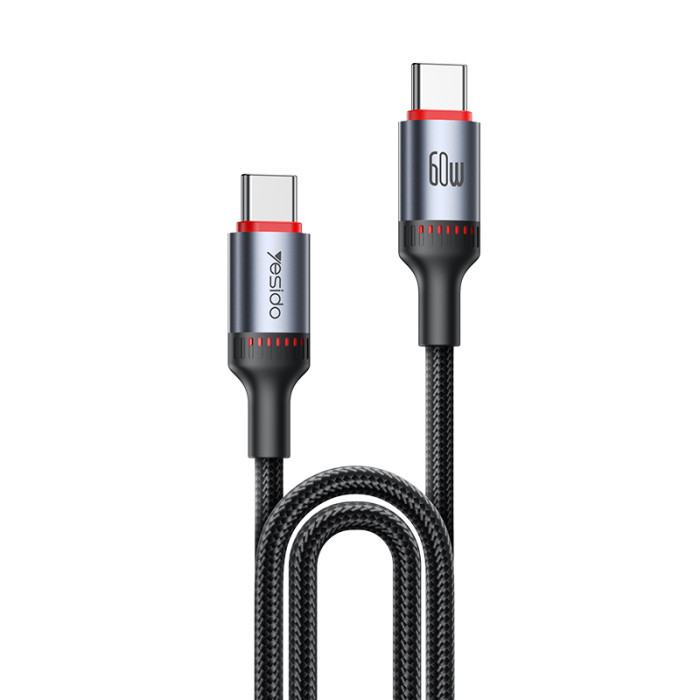 Yesido CA183 2M PD60W Fast Charging Type-C To Type-C 48-Strand Braided Cable Power LED Light Data Cable