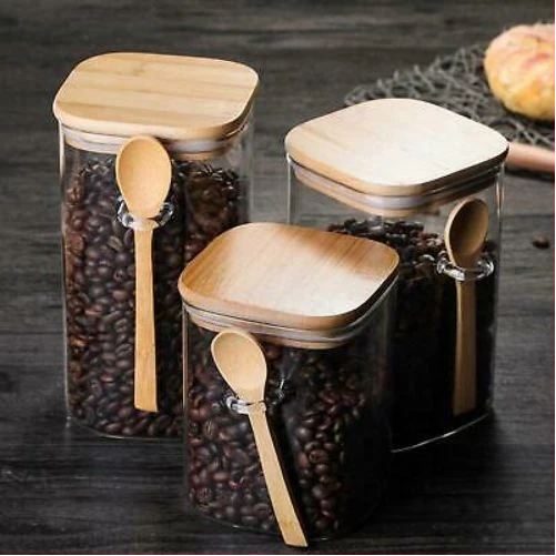 3PC Square Airtight Storage Pantry Food Glass Jars Bamboo Clamp Lids- Clear.