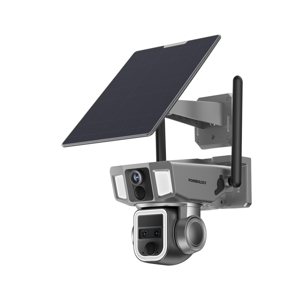 Powerology 4G/WiFi 10X Zoom 2MP+2MP 360˚ Ultimate Outdoor Versatile Camera, IP66 Waterproof Dustproof, Solar Power Recharging, Siren Alarm, Built-In Mic & Speaker, Powerful Bullet Lights, Whole-Day Re