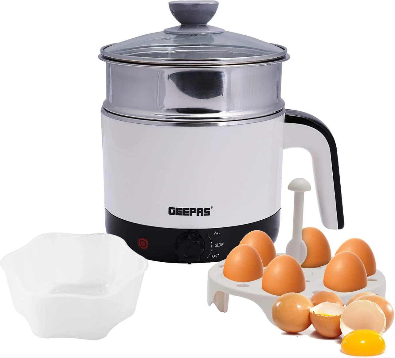 Geepas 1000W Multifunctional 1.7 L Double Layer Kettle - 3-in-1 Cordless Kettle, Steamer and Egg Boiler - Black
