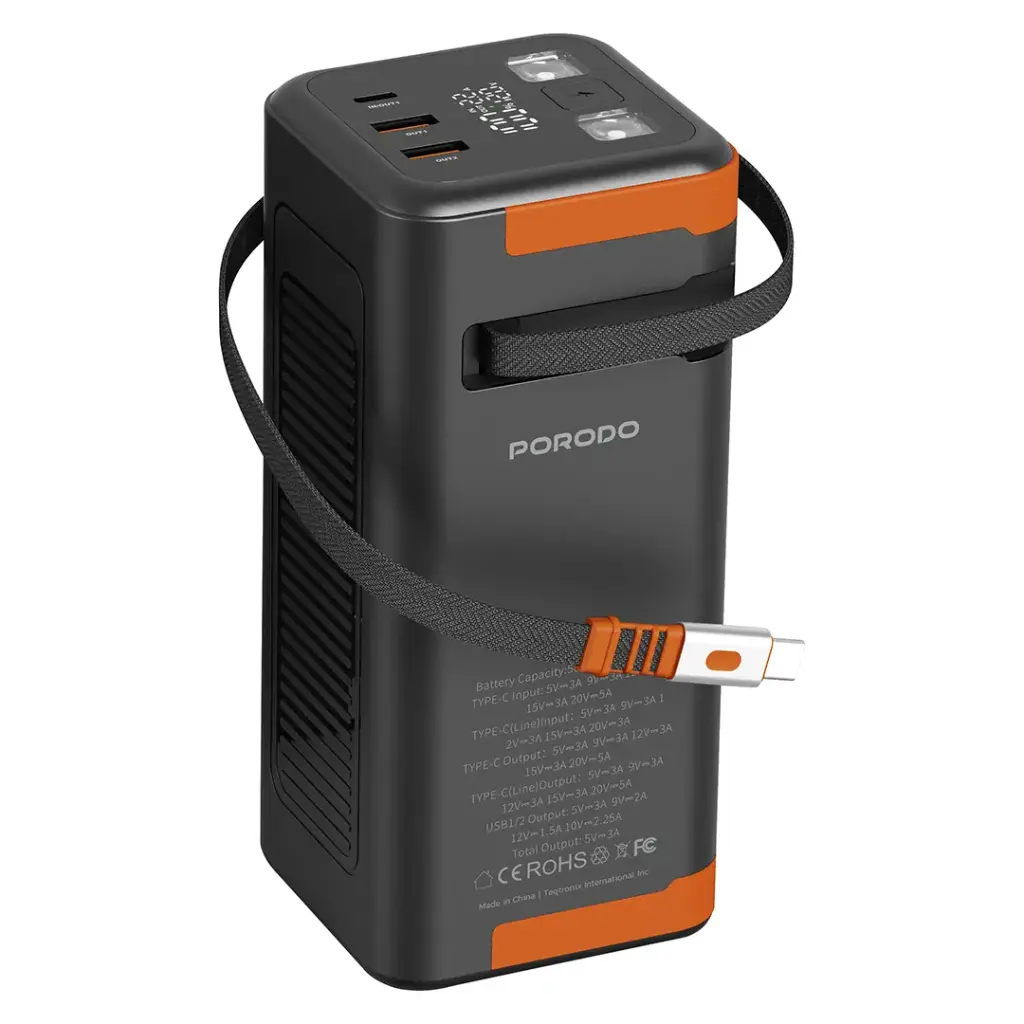 Porodo Power Boost 50000 mAh Power Bank with 70cm Retractable Type-C Cable & Flashlight / PD 20W & QC 22.5W Fast Charging / Simultaneous Charging / Info Display - Black