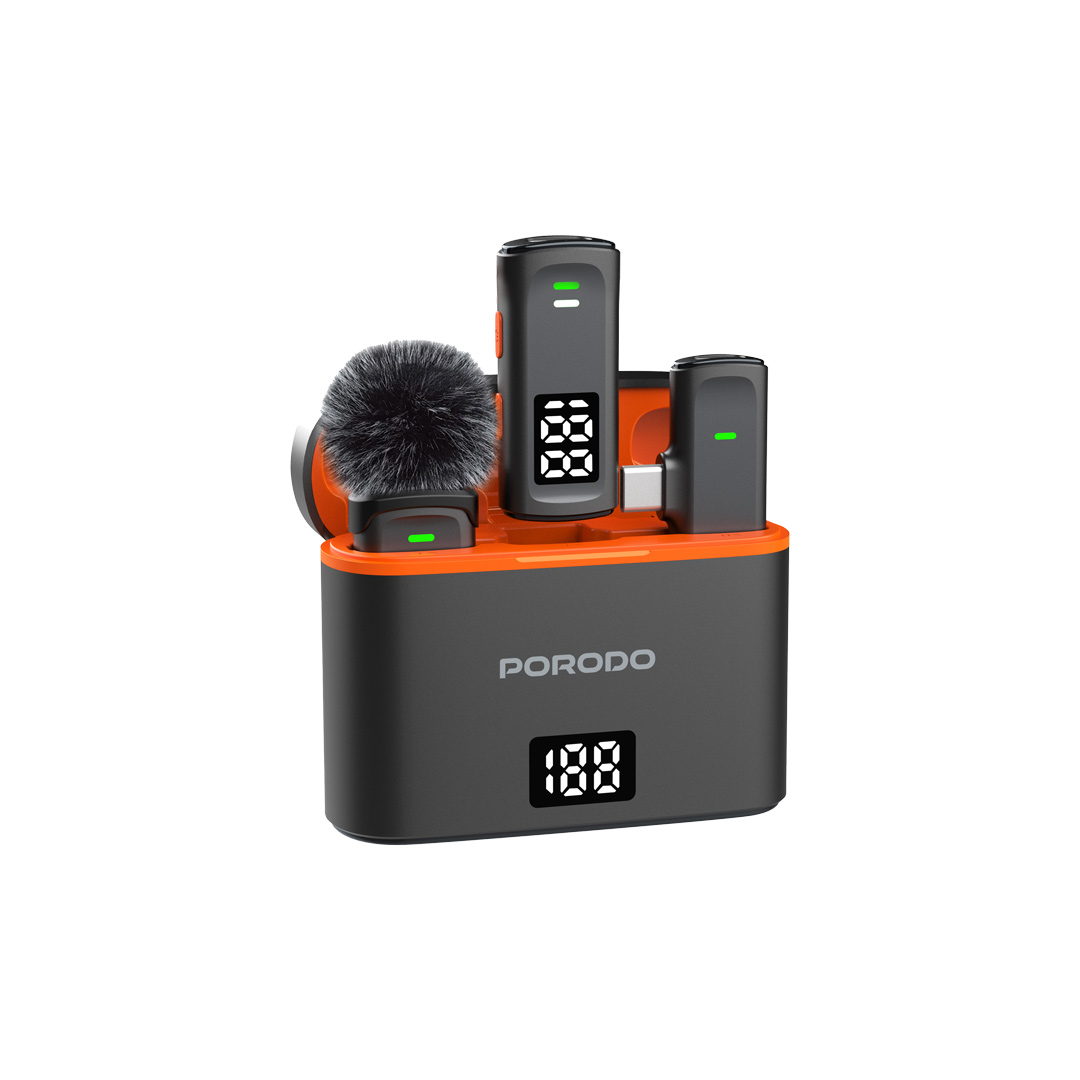 Porodo Lavalier Microphones Type-C Connector with Lightning Adapter, Wireless Collar Double Microphone, 24Hr Working Time - Black
