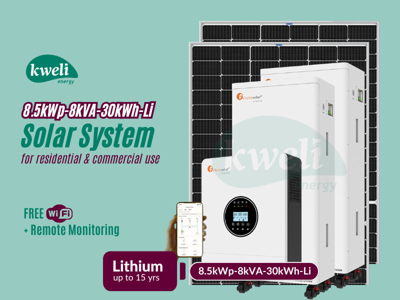 Buy new Kweli Energy 8.5kWp-8kVA-30kWh Lithium Smart Hybrid Solar System; Generate up to 38 Units of Power Daily, Automatic Switchover, FREE Remote Monitoring via WiFi, Charge with Grid/UEDCL, Generat