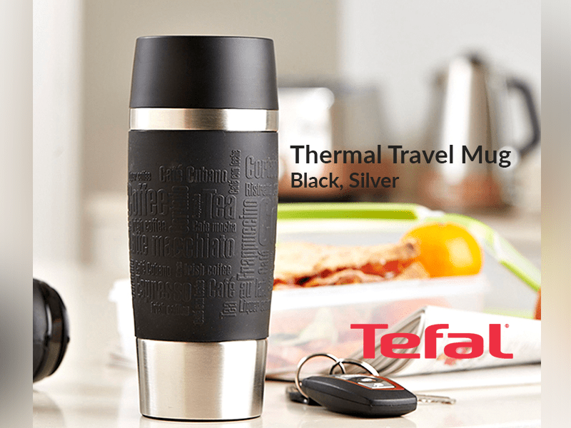 Buy TEFAL Travel Mug 0.5 liter, Black Silver - K3081214 in Uganda and get same-day free delivery in Kampala, Wakiso and Mukono, Uganda - Nationwide Shipping