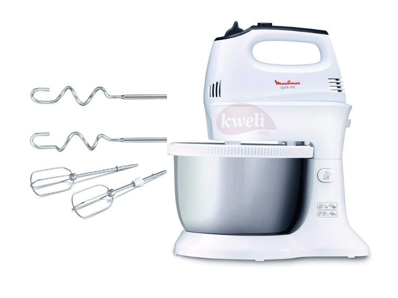 Buy new Moulinex 3.5L Quick Mix Hand Mixer HM311127 - Stainless Steel Stand Bowl, 300 Watts, White, Plastic in Uganda - - Free Delivery > Long warranty > Lifetime After-sales Support