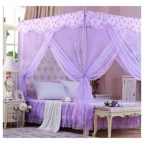 Flat Mosquito Net with 4 Metallic Poles - Purple top design may vary