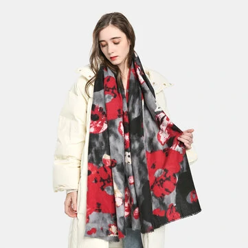 Ženy Retro Květina Tie-dye Potisková Šála Móda Umělá Kašmír Dual-use Thicken Warmth Tassel Šátek