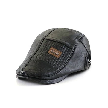 Collrown Beret Pánská Nastavitelná PU Kůže Plochá Čepice Stitch Newsboy Čepice Řízení Rybářství Cabbie Klobouk Špičatá Čepice pro Podzim Zimu
