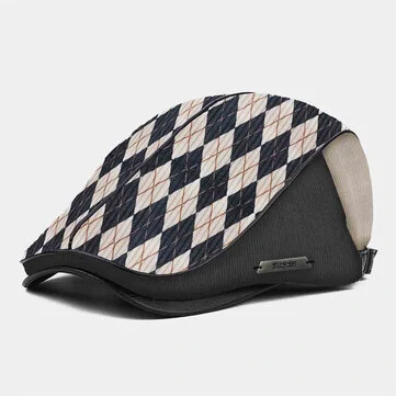 Collrown Muži Rombus Kovový Rám PU Splicing Pletená Beret Plochá Kšiltovka Newsboy Hat Cabbie Driving Hat