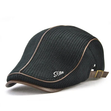 Collrown Strikkede Beretter Patchwork Læderbrim Mænd Flat Cap Retro Skyggehatt Efterår Vinter Varmer Casual Hækle Hat Foran Cap