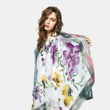 Kvinder Forår Efterår Bomuld Blomsterprint Silketørklæder Hijab Tørklæde Blødt Tyndt Super Langt Farvet Hovedtørklæder Halstørklæder