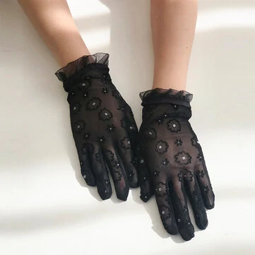 Kvinder Blomst Rhinestone Dekorere Blonde Handsker Mode Stof Solskærm Åndbare Korte Delte Fingerhandsker Helfingerhandsker