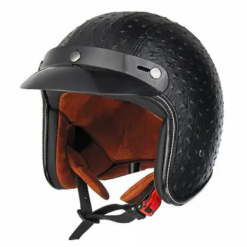 Åben ansigts 3/4 motorcykelhjelm retro vintage PU-læder voksen sort-brun