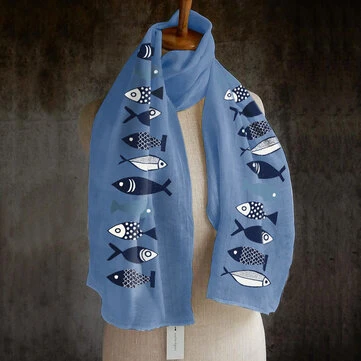 Kvinder Ensfarvede Fisketrykkemønstre Linned Langt Tørklæde Skulder Tørklæde Multi-purpose Elegant Hals Wrap Varmt Tørklæde