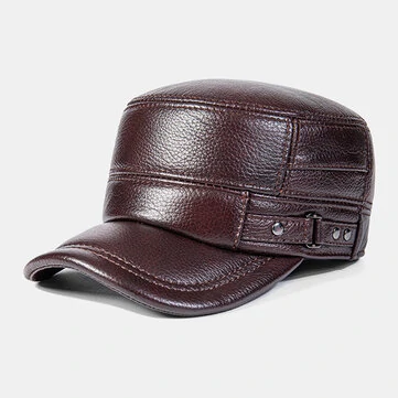 Mænds Flat Top Cap Cowhide Indbyggede Earmuffs Windproof Warm Militær kasket Earflap Hat