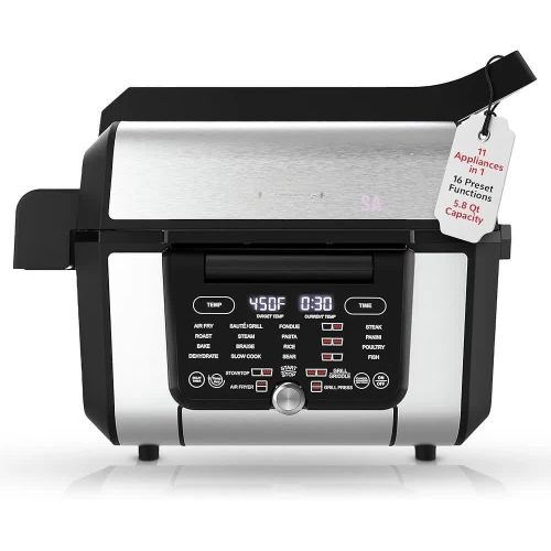 Hoffmans Multifunction Air Fryer + Oven + Grill + Grill Press + 6L Stock Pot + Glass Lid 2 independent XXL Zones, 2 Recipes at a Time: 16 Menus