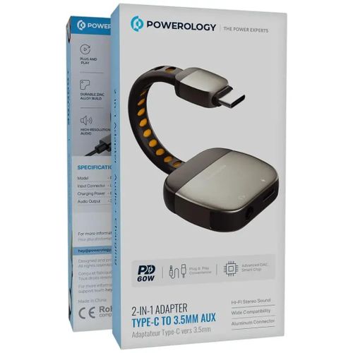 Powerology 2-IN-1 Adapter Type-C To 3.5mm AUX / PD 60W / Advanced DAC Smart Chip / Hi-Fi Stereo Sound / Plug & Play Convenience / Noise Reduction - Grey